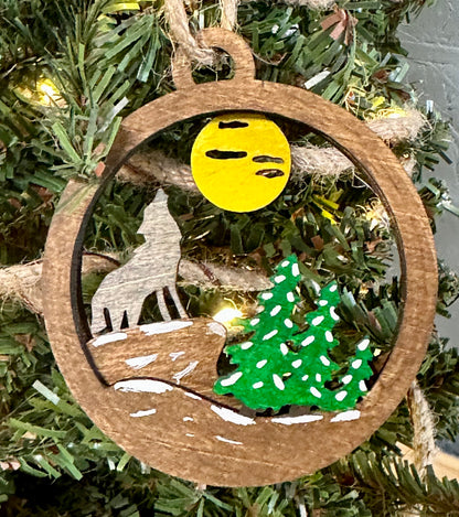 Wolf in Forest Layered Wood Ornament