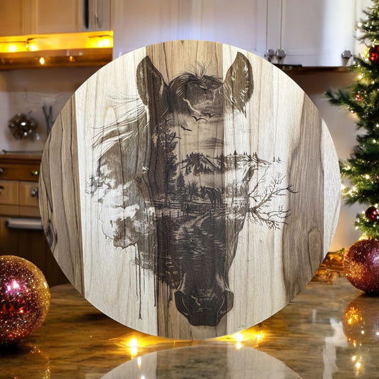 Horse Head with Hidden Scenery Teak Charcuterie Board