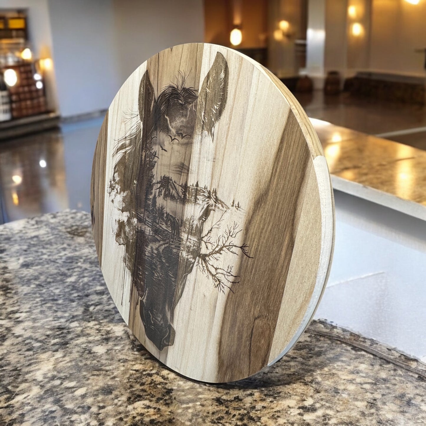 Horse Head with Hidden Scenery Teak Charcuterie Board