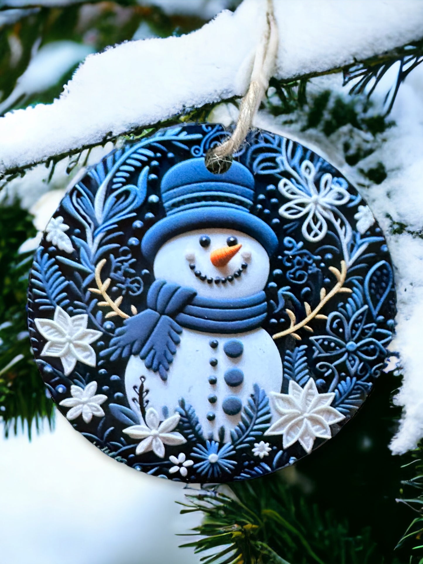 Snowman in Blue Christmas Ornament